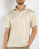 A man wearing a short-sleeve polo shirt with a textured, wavy horizontal pattern in beige and off-white, paired with khaki pants against a plain light background.