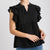 Black Baby Doll Split Neck Short Ruffle Sleeves Top with Piping Details
