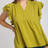 Avacado Baby Doll Split Neck Short Ruffle Sleeves Top with Piping Details