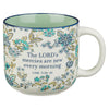 Morning Mercies Blue and Green Floral Ceramic Coffee Mug- Lamentations 2:22-23