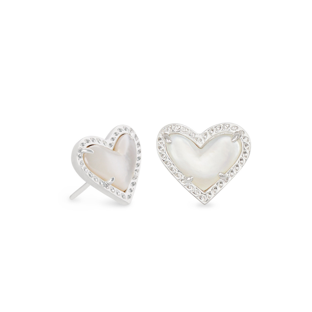 Kendra Scott Ari Silver Heart Stud Earrings In Ivory Mother Of